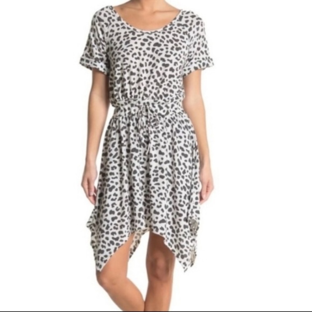 Susina off white black leopard shark bite hem dress